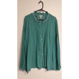 LOGO by Lori Goldstein, Teal Striped Pattern, Long Sleeve Blouse, Women's Size L